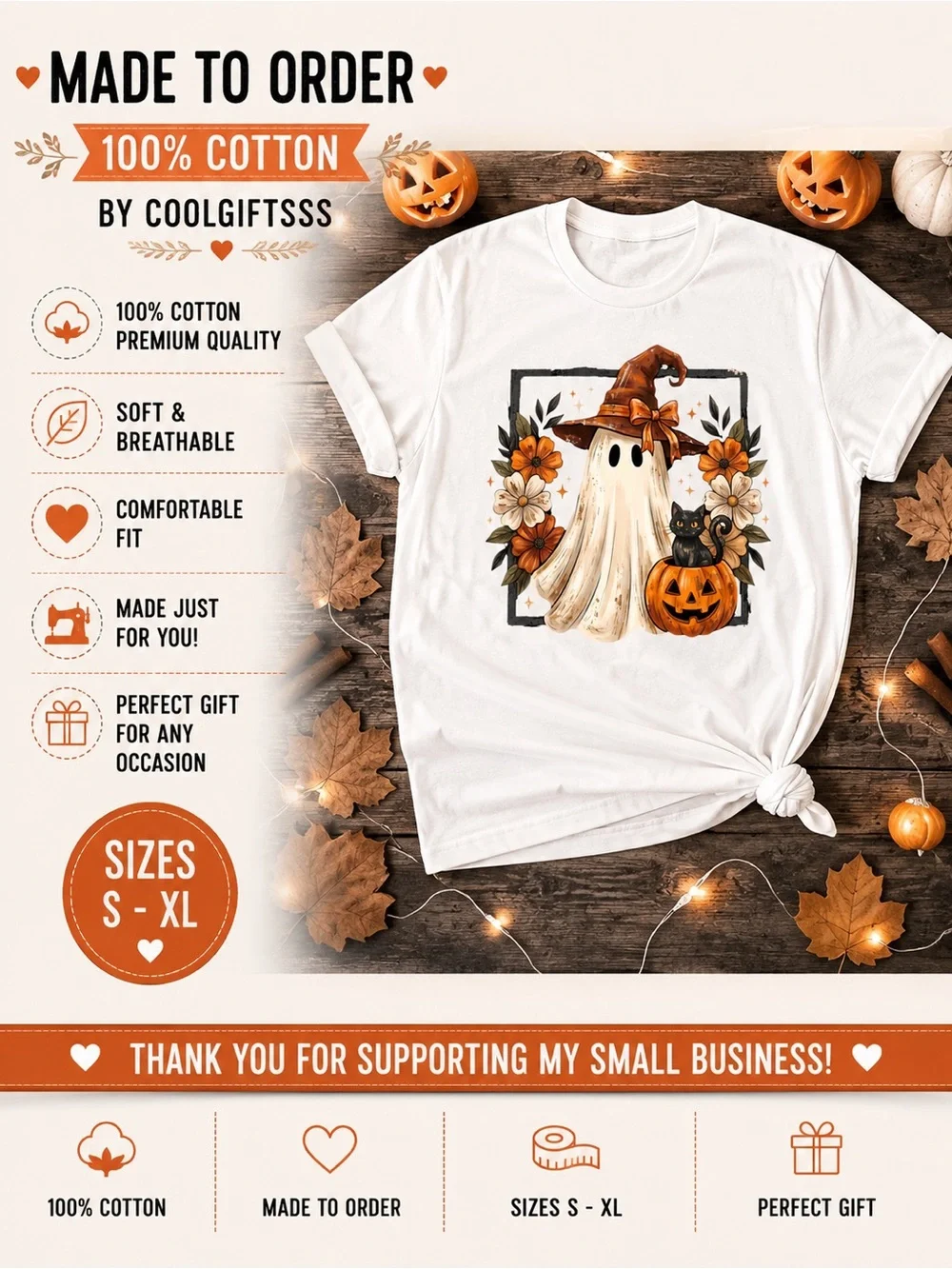 Halloween Ghost Graphic Tee NEW S M L XL fun ghost with pumpkin and flowers sand